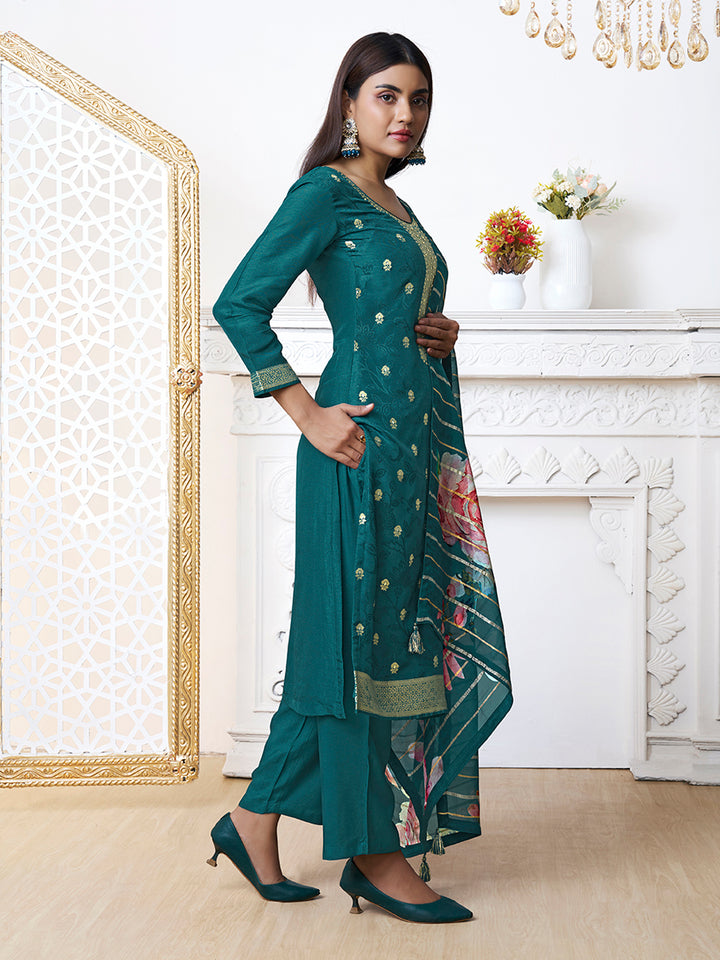 Green Dola Ethic Motifs Jacquard Kurta Suit Set.