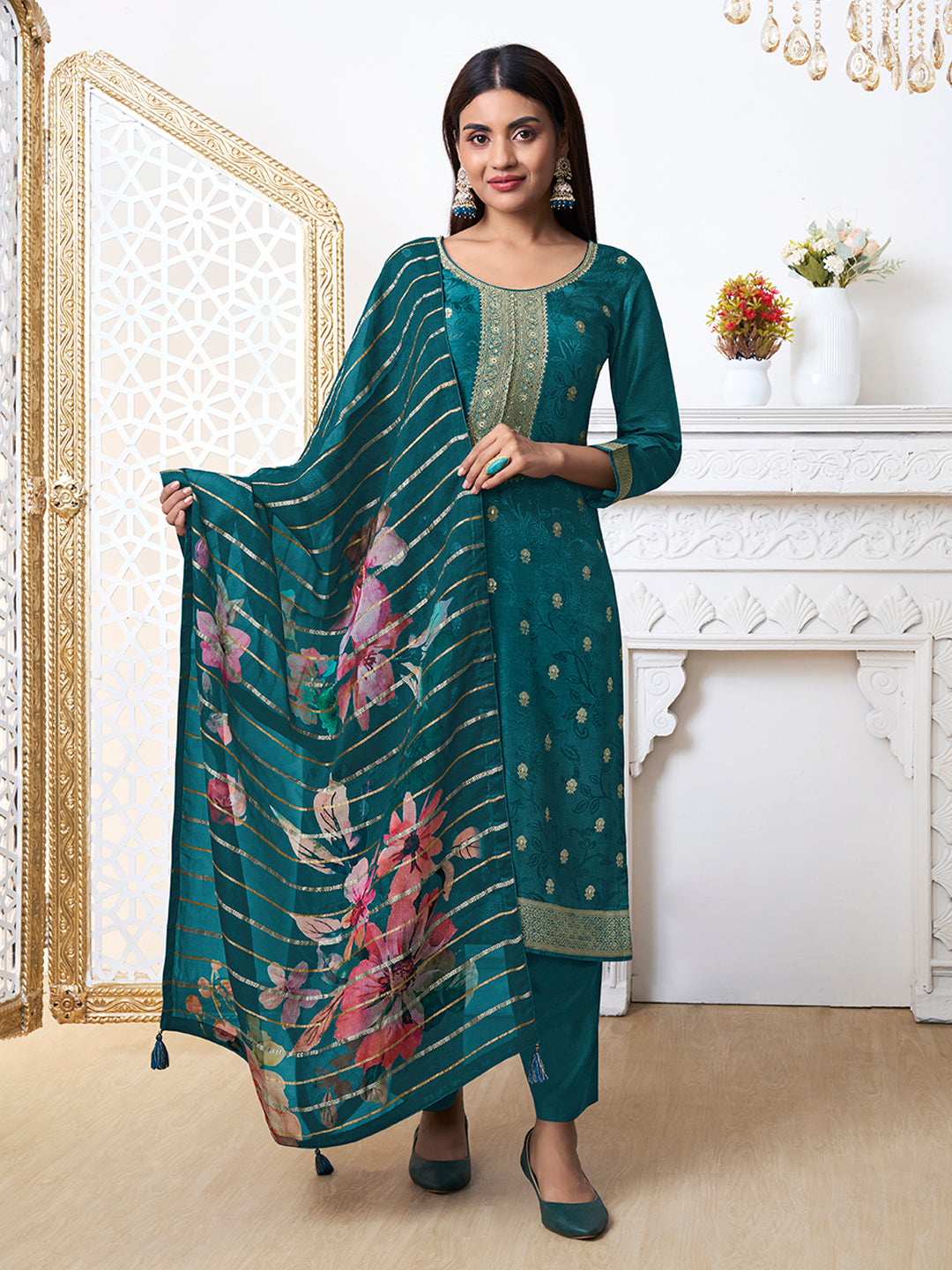 Green Dola Ethic Motifs Jacquard Kurta Suit Set.