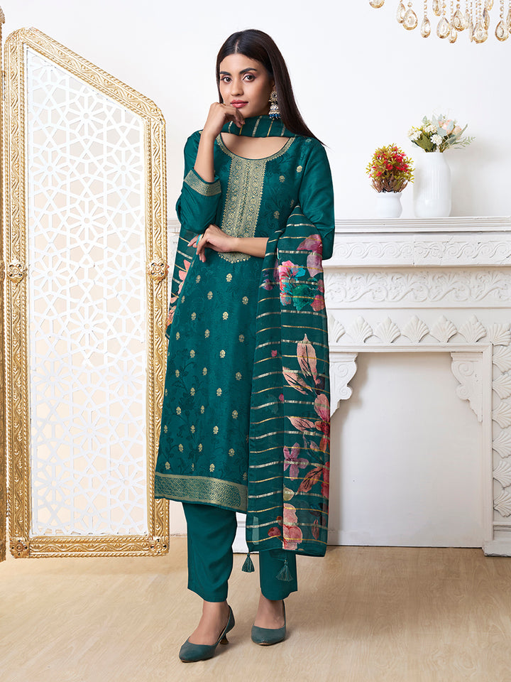 Green Dola Ethic Motifs Jacquard Kurta Suit Set.