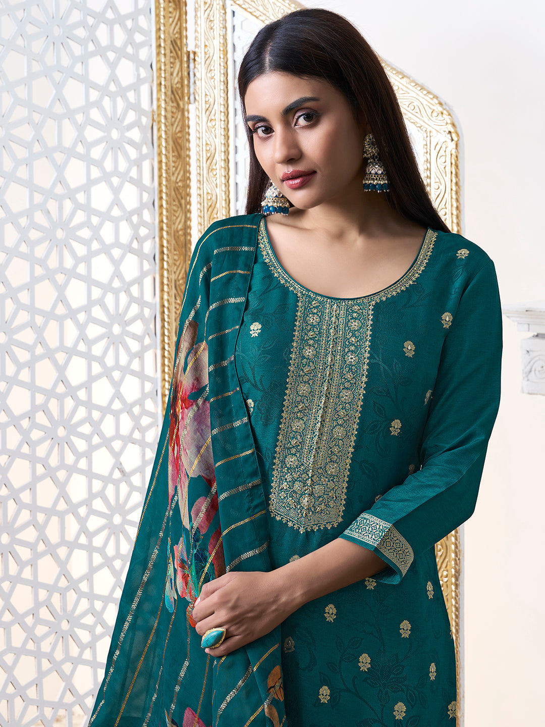 Green Dola Ethic Motifs Jacquard Kurta Suit Set.