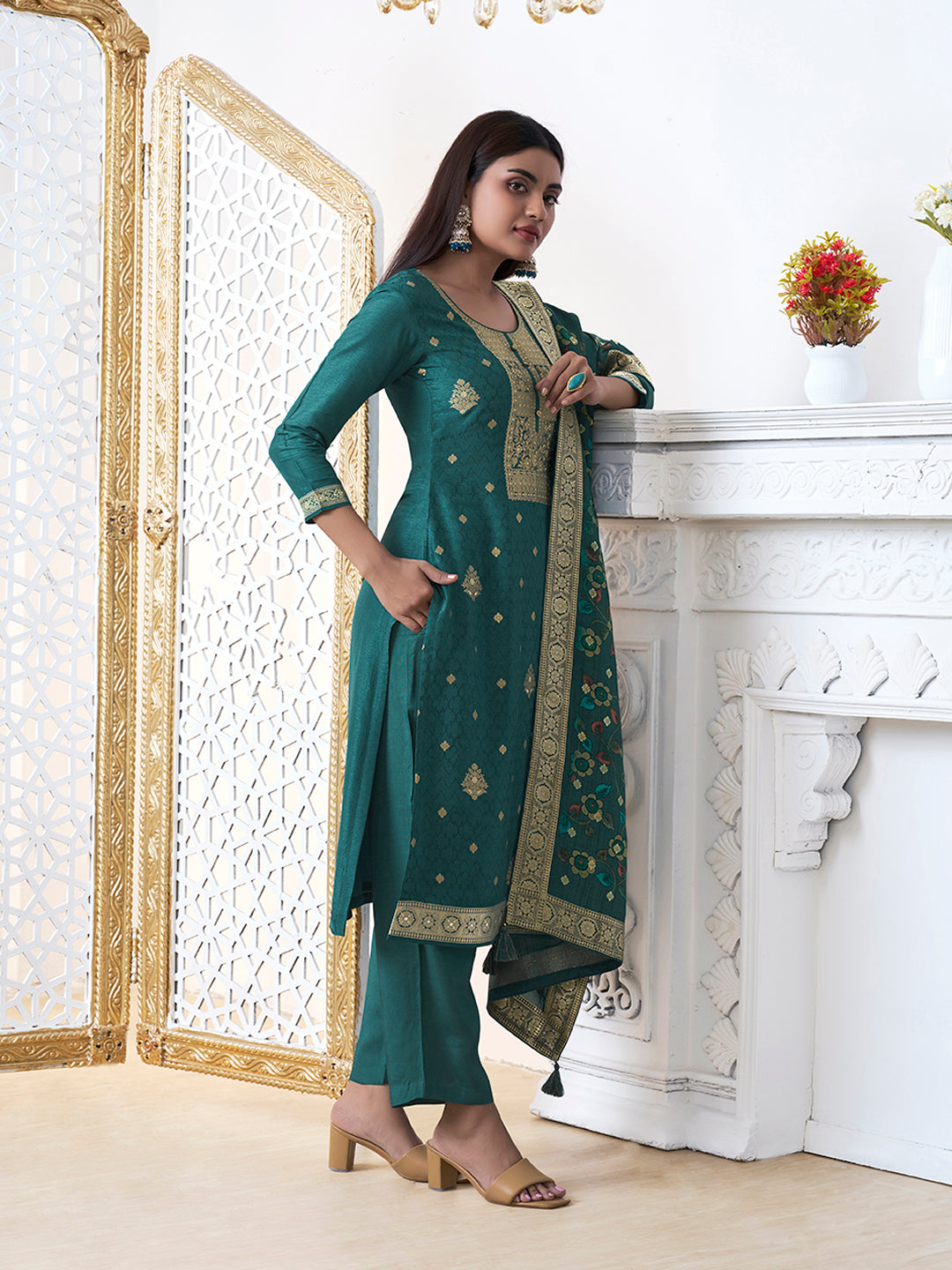 Teal Dola Silk with Jacquard Weave Kurta Suit Set