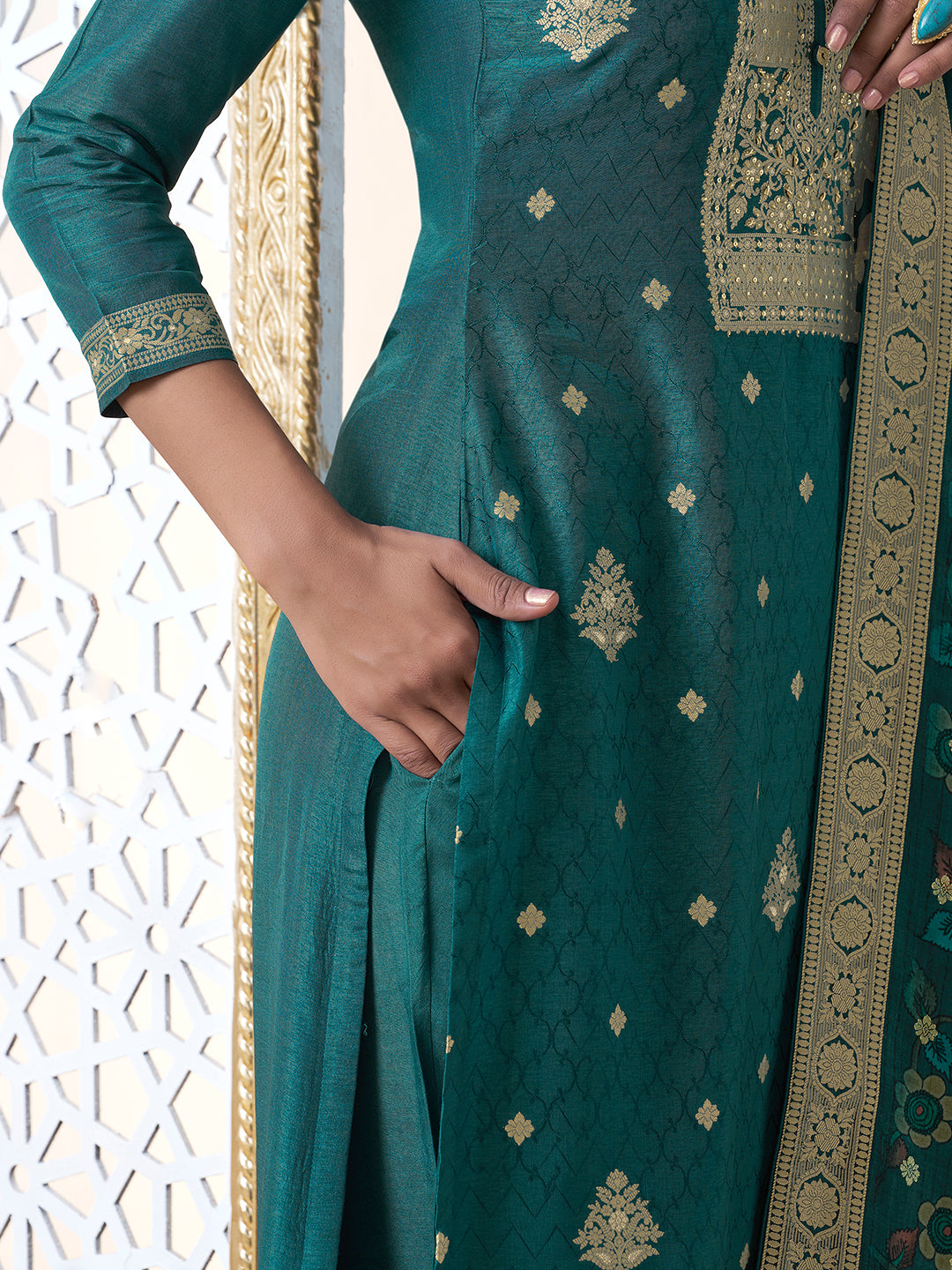 Teal Dola Silk with Jacquard Weave Kurta Suit Set