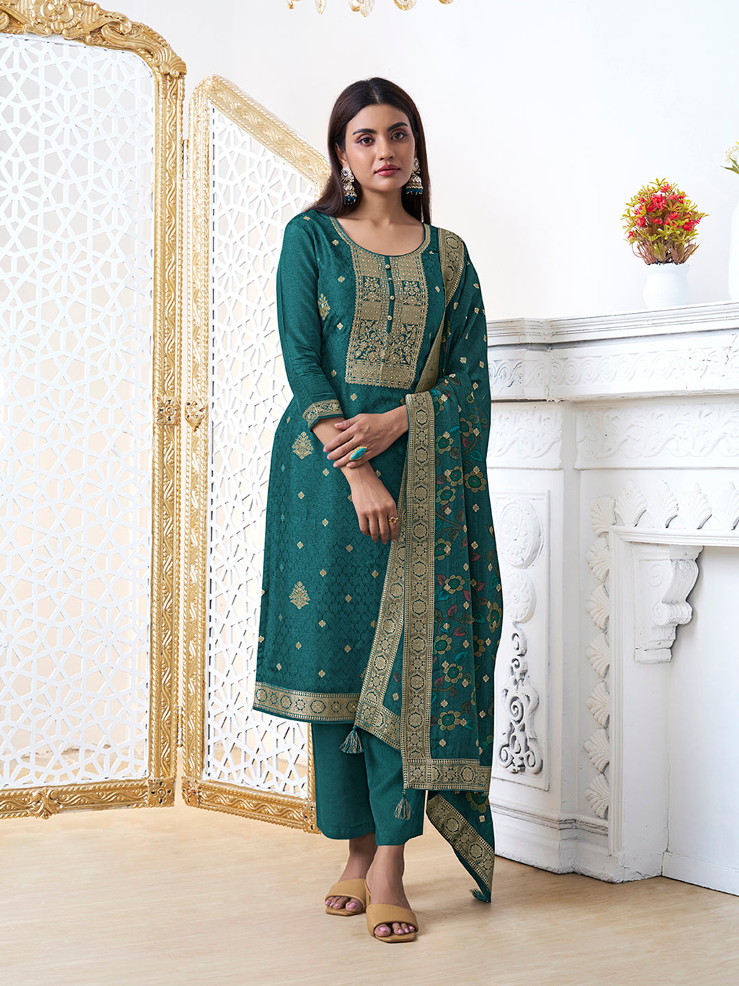 Teal Dola Silk with Jacquard Weave Kurta Suit Set