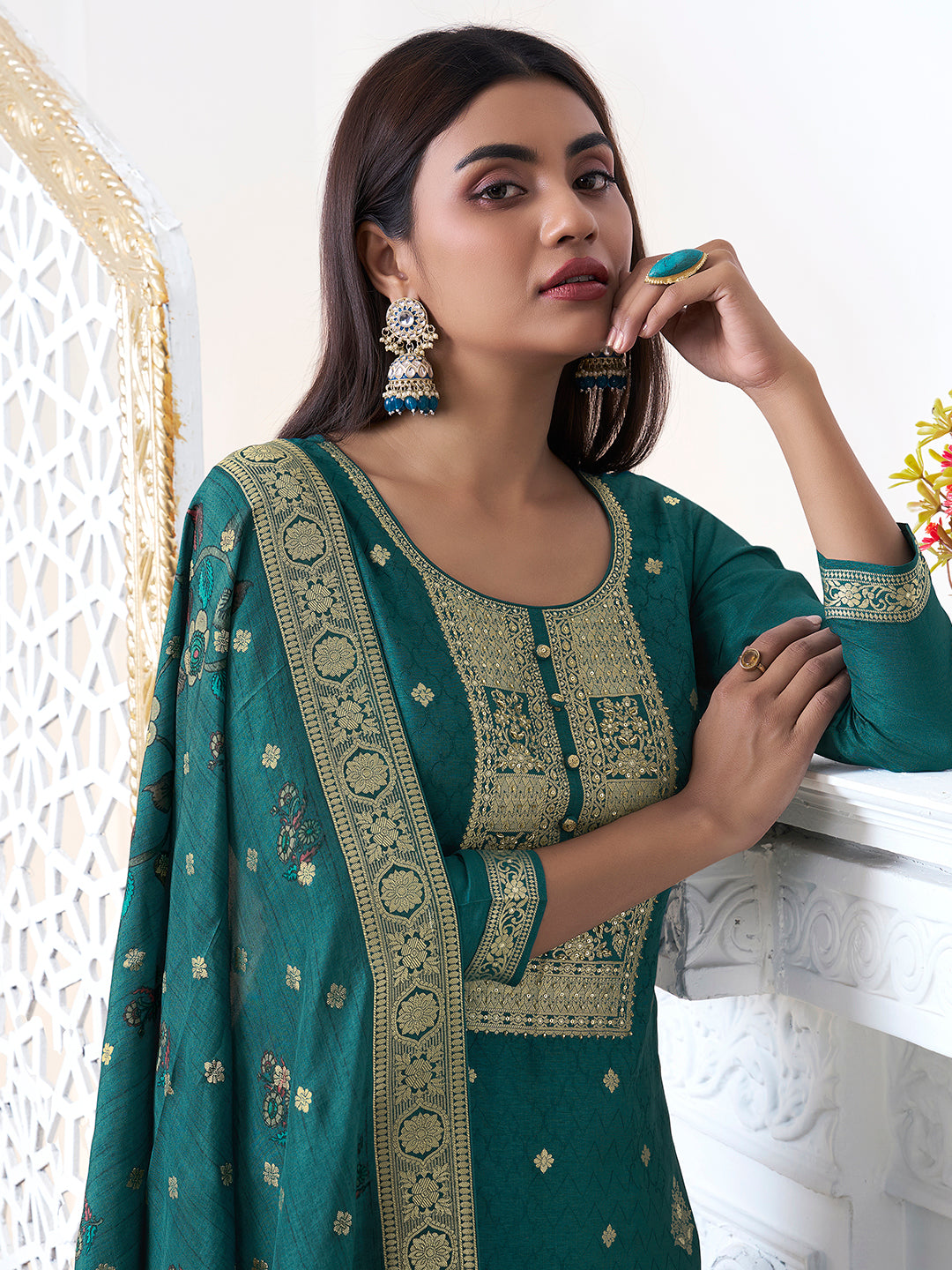 Teal Dola Silk with Jacquard Weave Kurta Suit Set