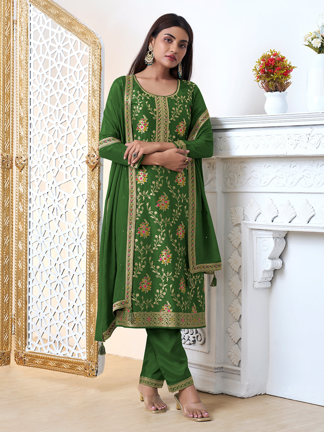 Green Meena Jacquard Kurta Suit Set