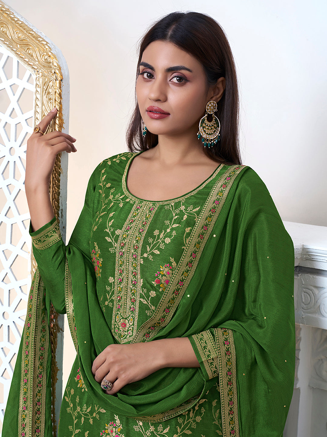 Green Meena Jacquard Kurta Suit Set