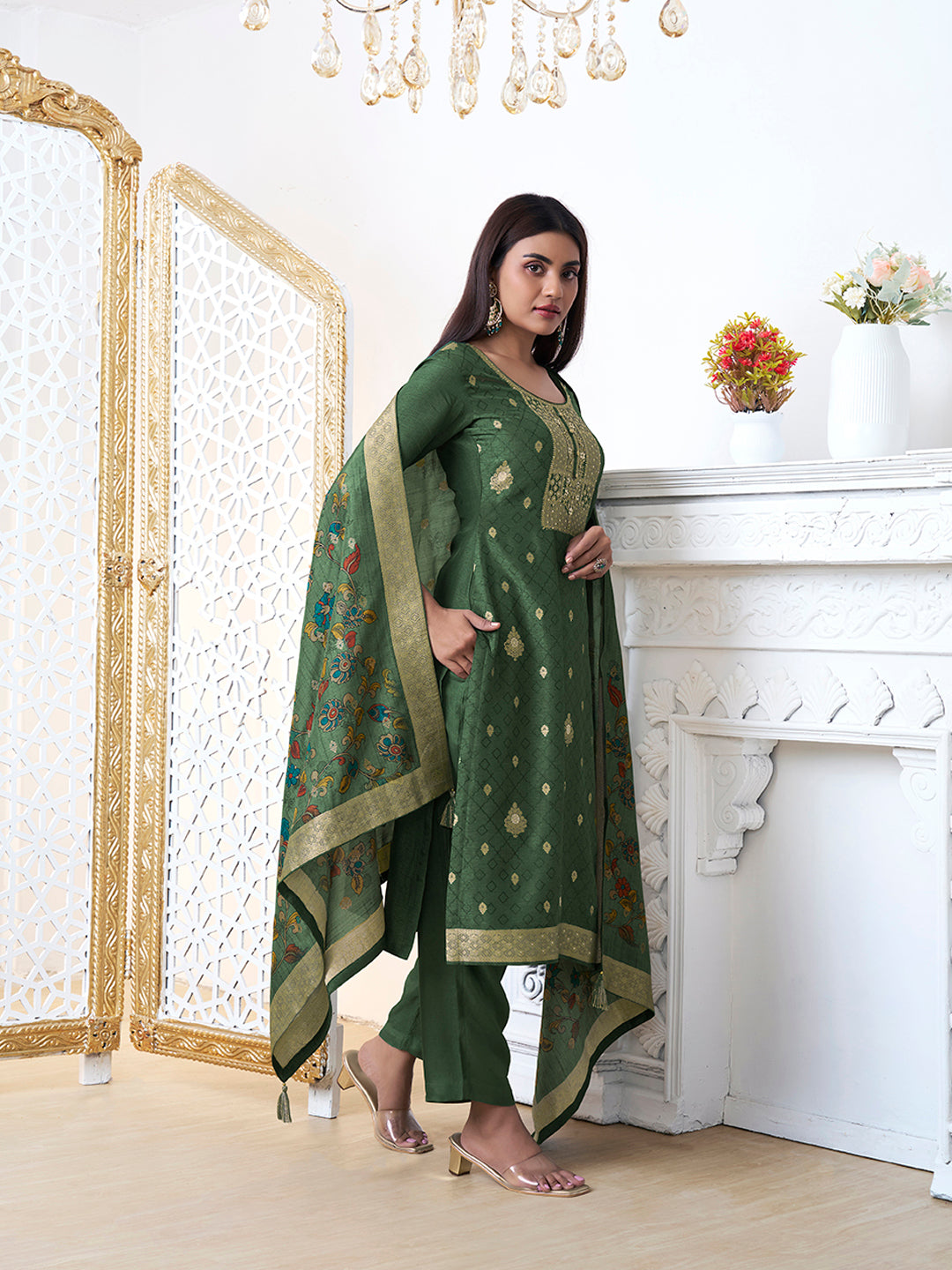 Olive Green Dola Silk with Jacquard Weave Kurta Suit Set