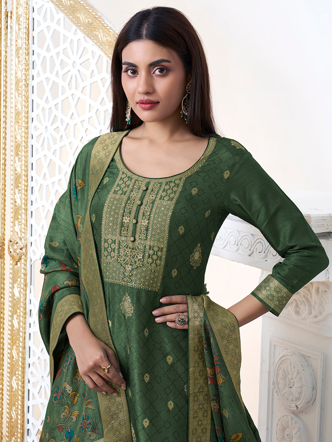 Olive Green Dola Silk with Jacquard Weave Kurta Suit Set