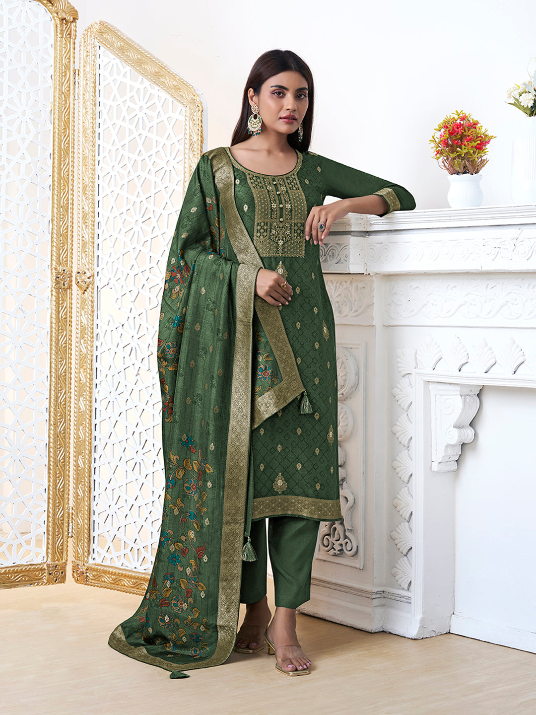 Olive Green Dola Silk with Jacquard Weave Kurta Suit Set