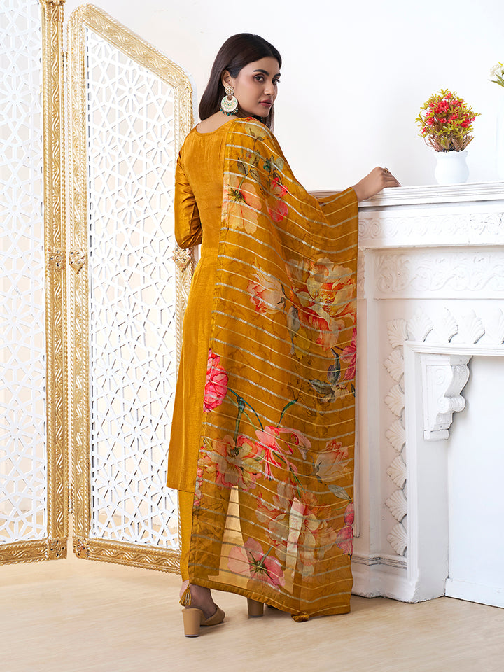 Mustard Yellow Dola Ethic Motifs Jacquard Kurta Suit Set