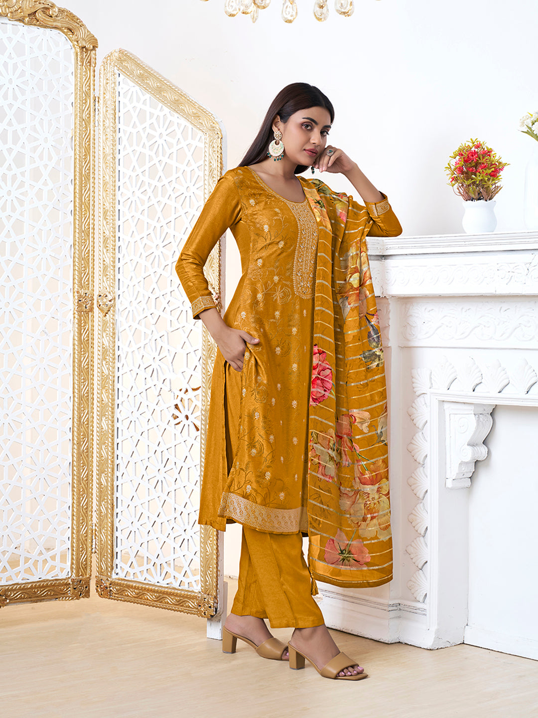 Mustard Yellow Dola Ethic Motifs Jacquard Kurta Suit Set