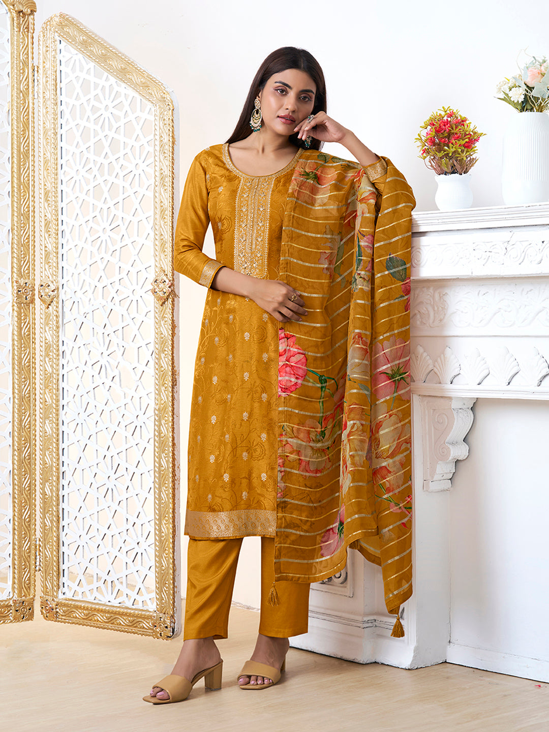 Mustard Yellow Dola Ethic Motifs Jacquard Kurta Suit Set