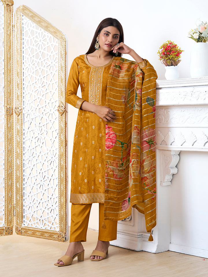 Mustard Yellow Dola Ethic Motifs Jacquard Kurta Suit Set