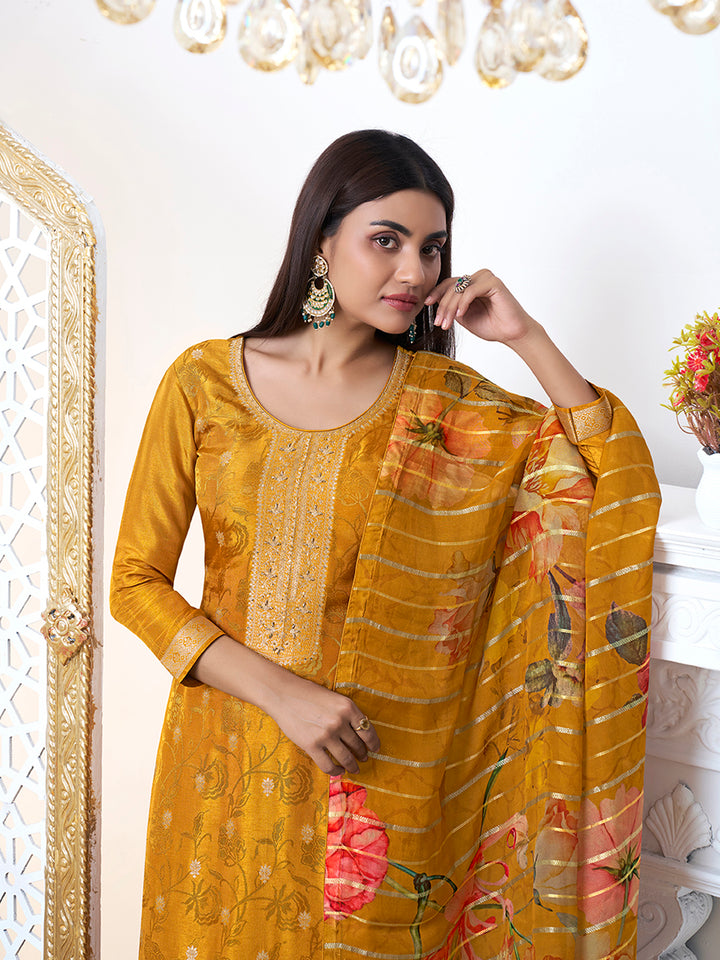 Mustard Yellow Dola Ethic Motifs Jacquard Kurta Suit Set