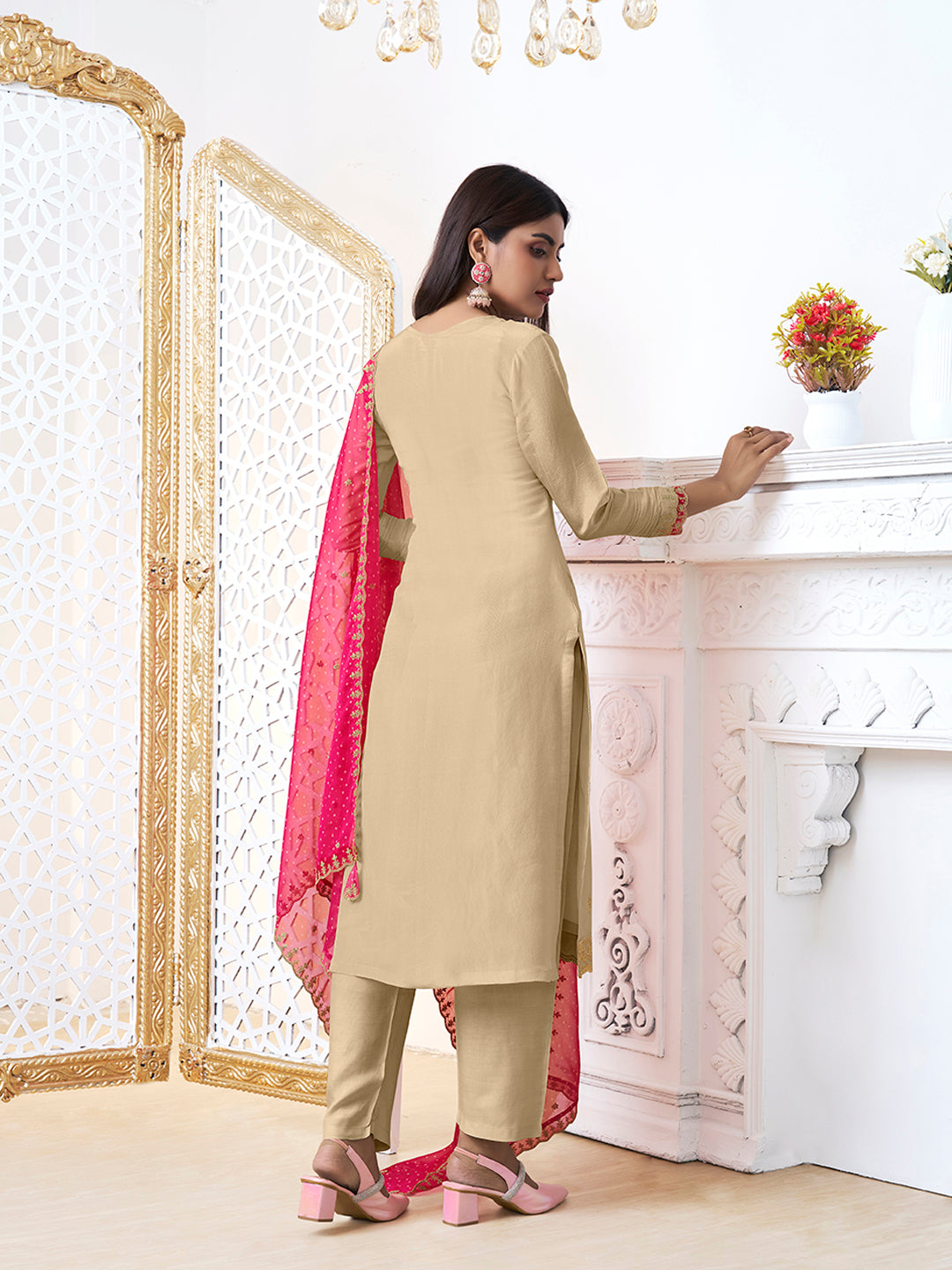 Off-White Tissue with Bandhi Print Colour Contrast Dupatta Kurta Suit Set