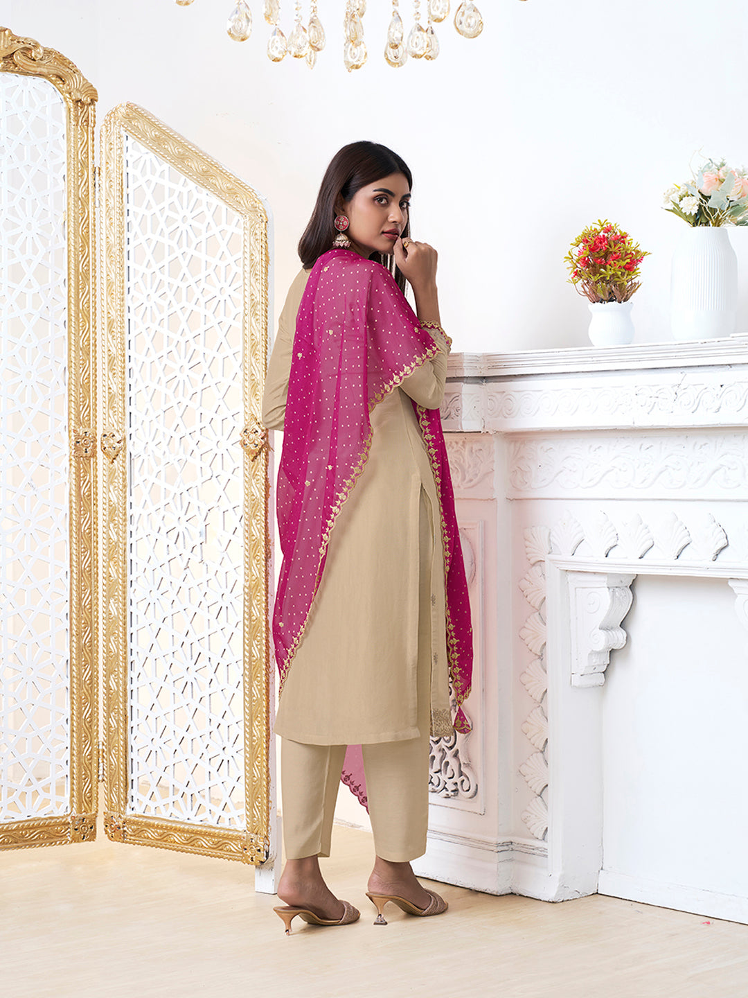 Off-White Tissue with Bandhi Print Colour Contrast Dupatta Kurta Suit Set