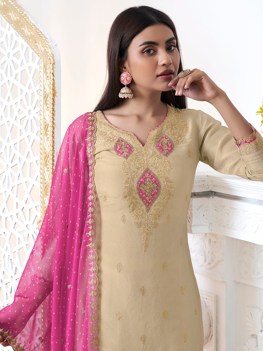 Off-White Tissue with Bandhi Print Colour Contrast Dupatta Kurta Suit Set