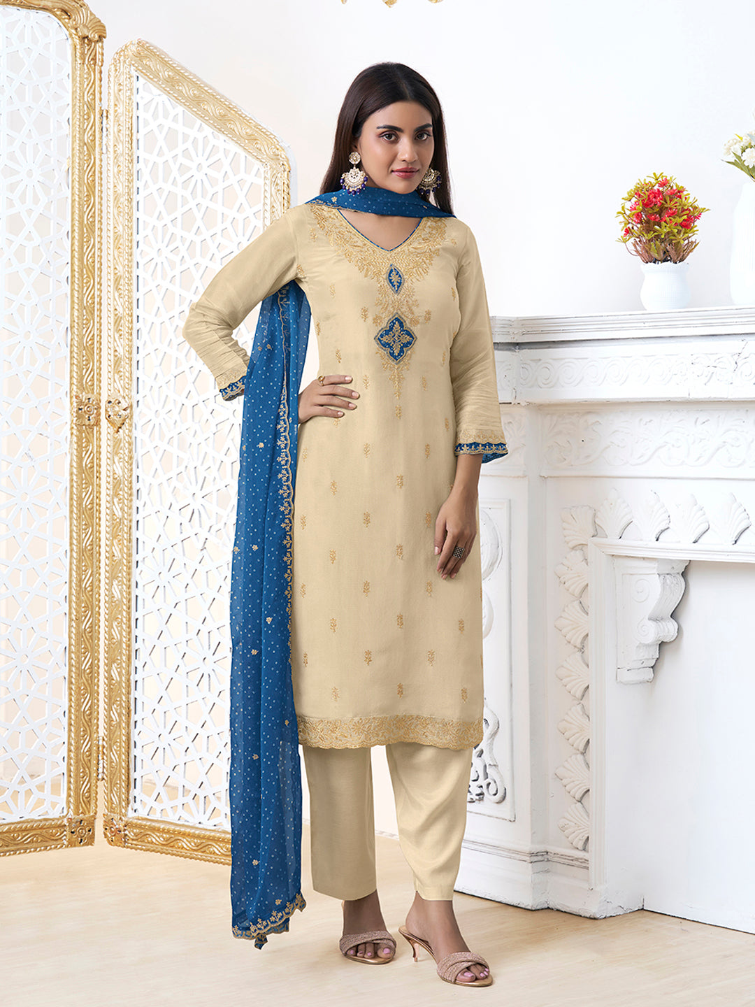 Off-White Tissue with Bandhi Print Colour Contrast Dupatta Kurta Suit Set