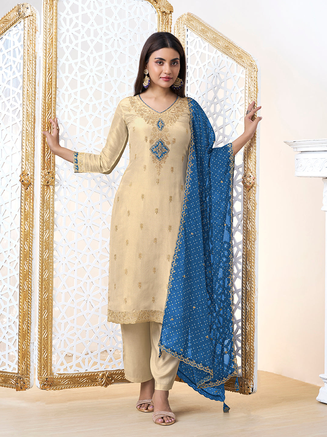 Off-White Tissue with Bandhi Print Colour Contrast Dupatta Kurta Suit Set