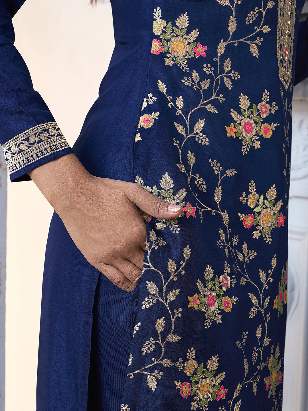 Navy Blue Meena Jacquard Kurta Suit Set