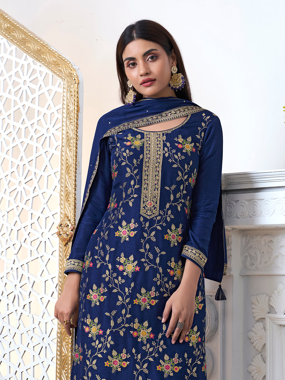 Navy Blue Meena Jacquard Kurta Suit Set