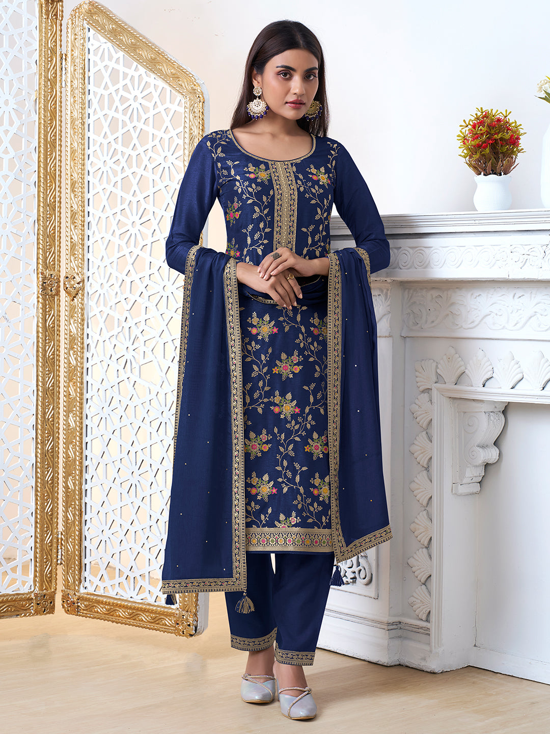 Navy Blue Meena Jacquard Kurta Suit Set