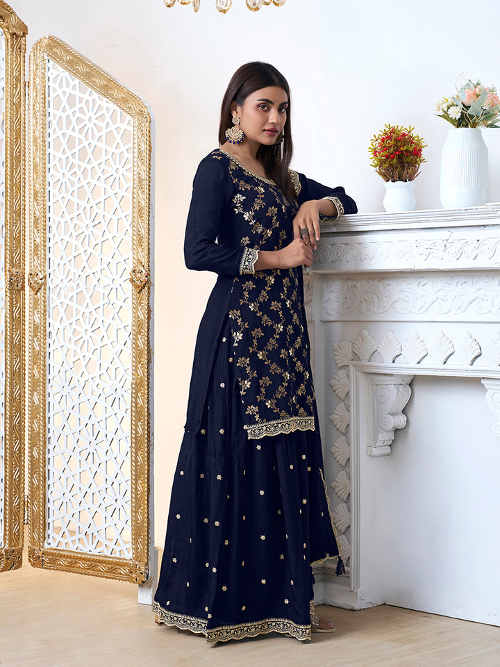 Navy Blue Floral Jaal Jacquard with Embroidered Sharara Suit Set