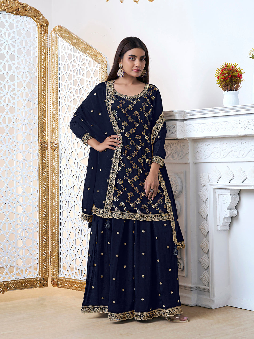 Navy Blue Floral Jaal Jacquard with Embroidered Sharara Suit Set