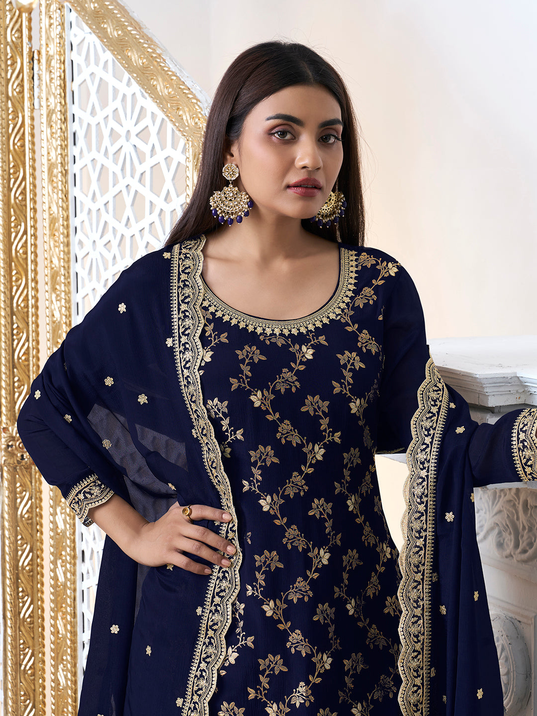 Navy Blue Floral Jaal Jacquard with Embroidered Sharara Suit Set