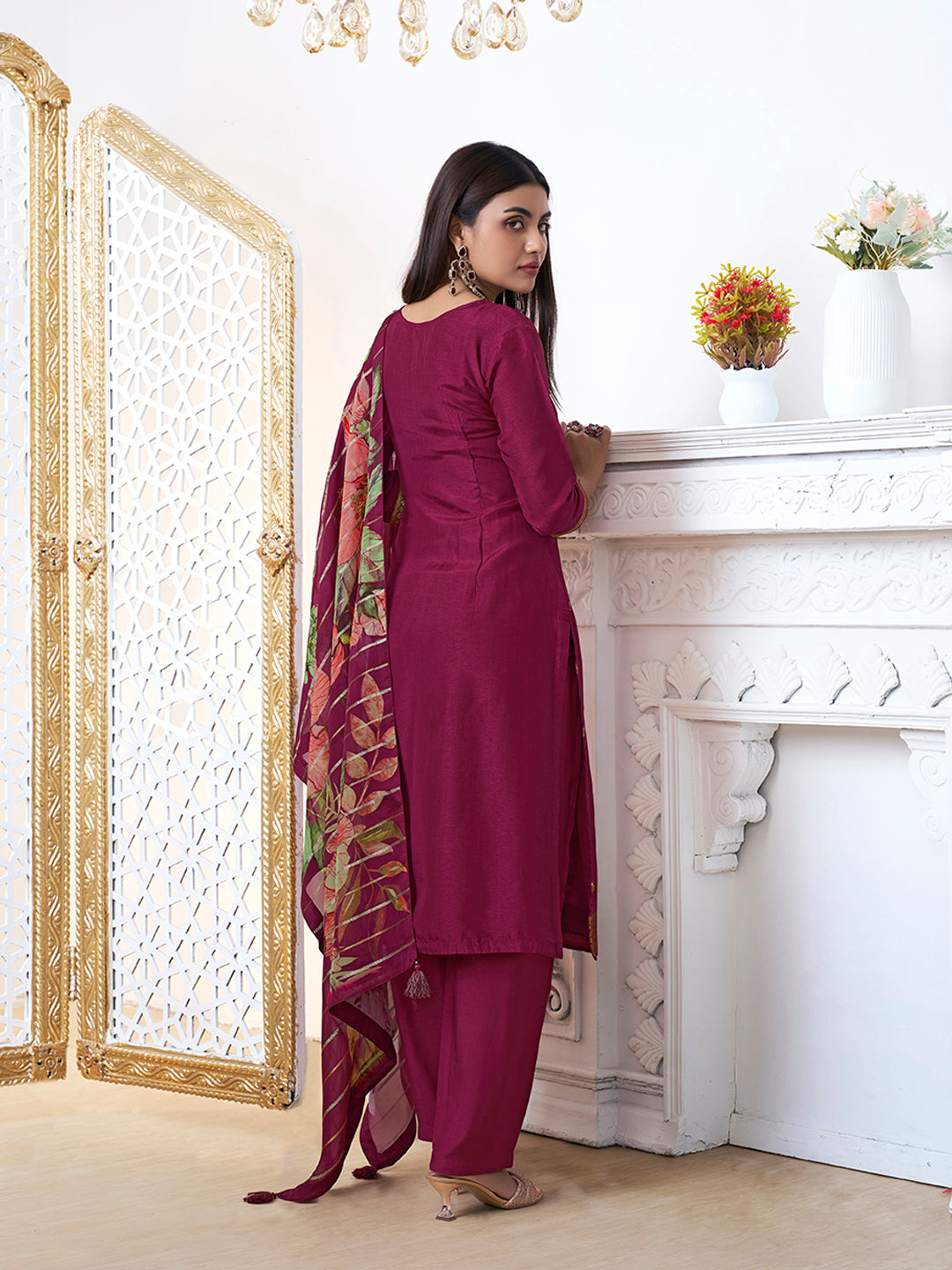 Wine Dola Ethic Motifs Jacquard Kurta Suit Set