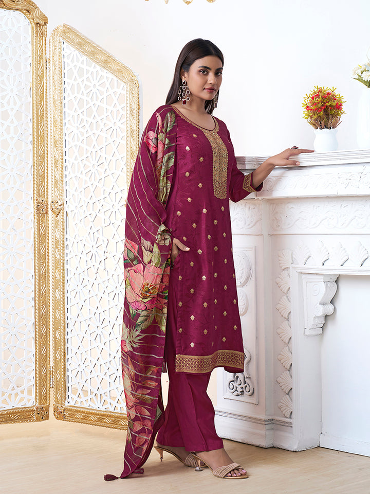 Wine Dola Ethic Motifs Jacquard Kurta Suit Set