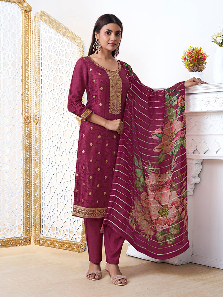 Wine Dola Ethic Motifs Jacquard Kurta Suit Set