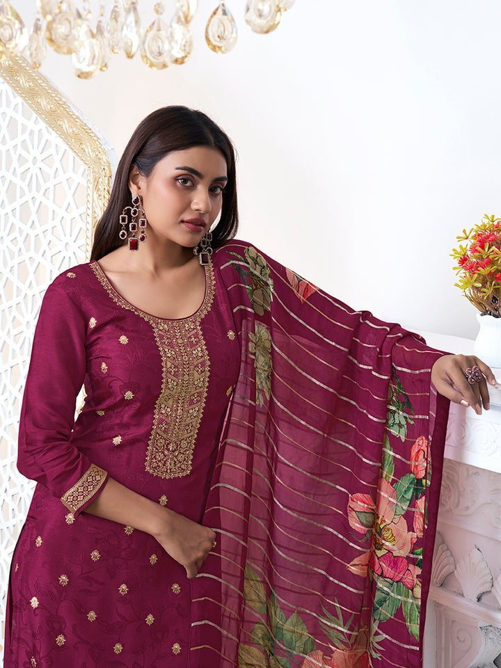 Wine Dola Ethic Motifs Jacquard Kurta Suit Set