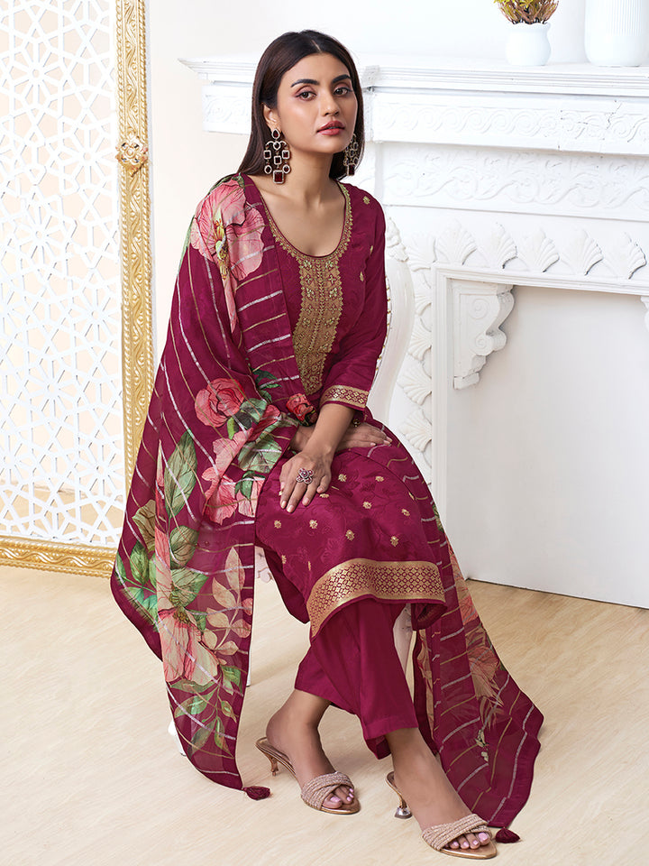 Wine Dola Ethic Motifs Jacquard Kurta Suit Set