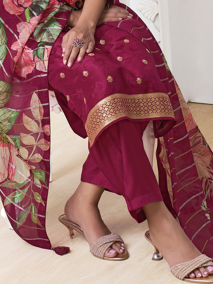 Wine Dola Ethic Motifs Jacquard Kurta Suit Set