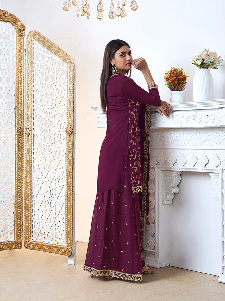 Burgundy Floral Jaal Jacquard with Embroidered Sharara Suit Set