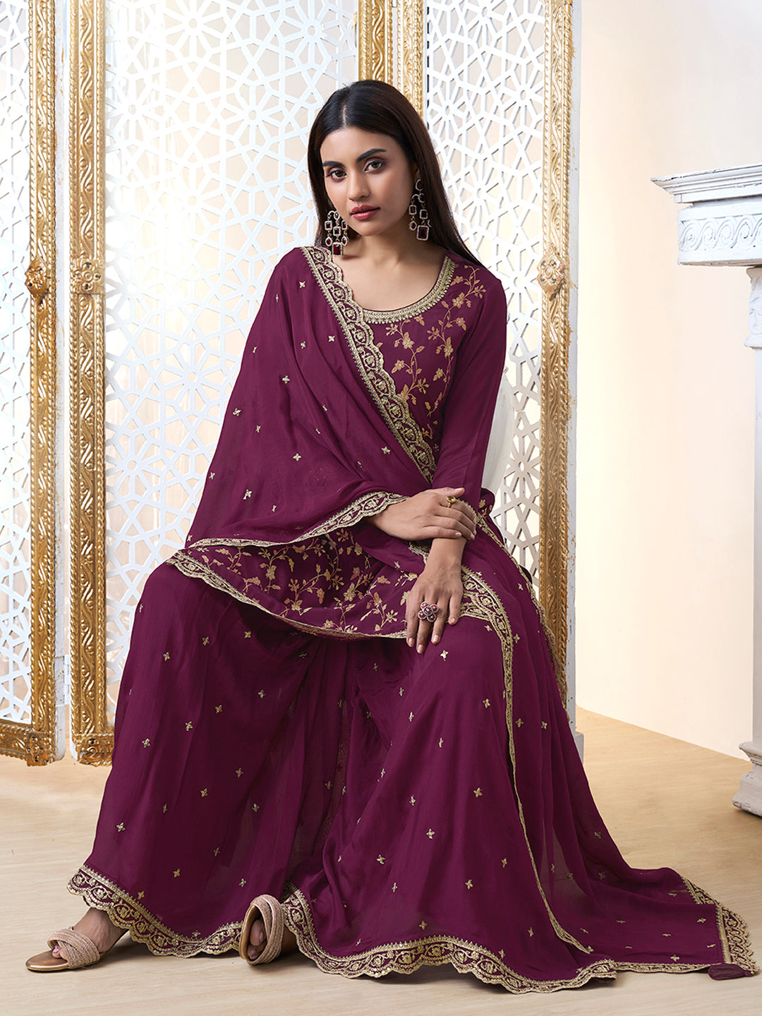 Burgundy Floral Jaal Jacquard with Embroidered Sharara Suit Set