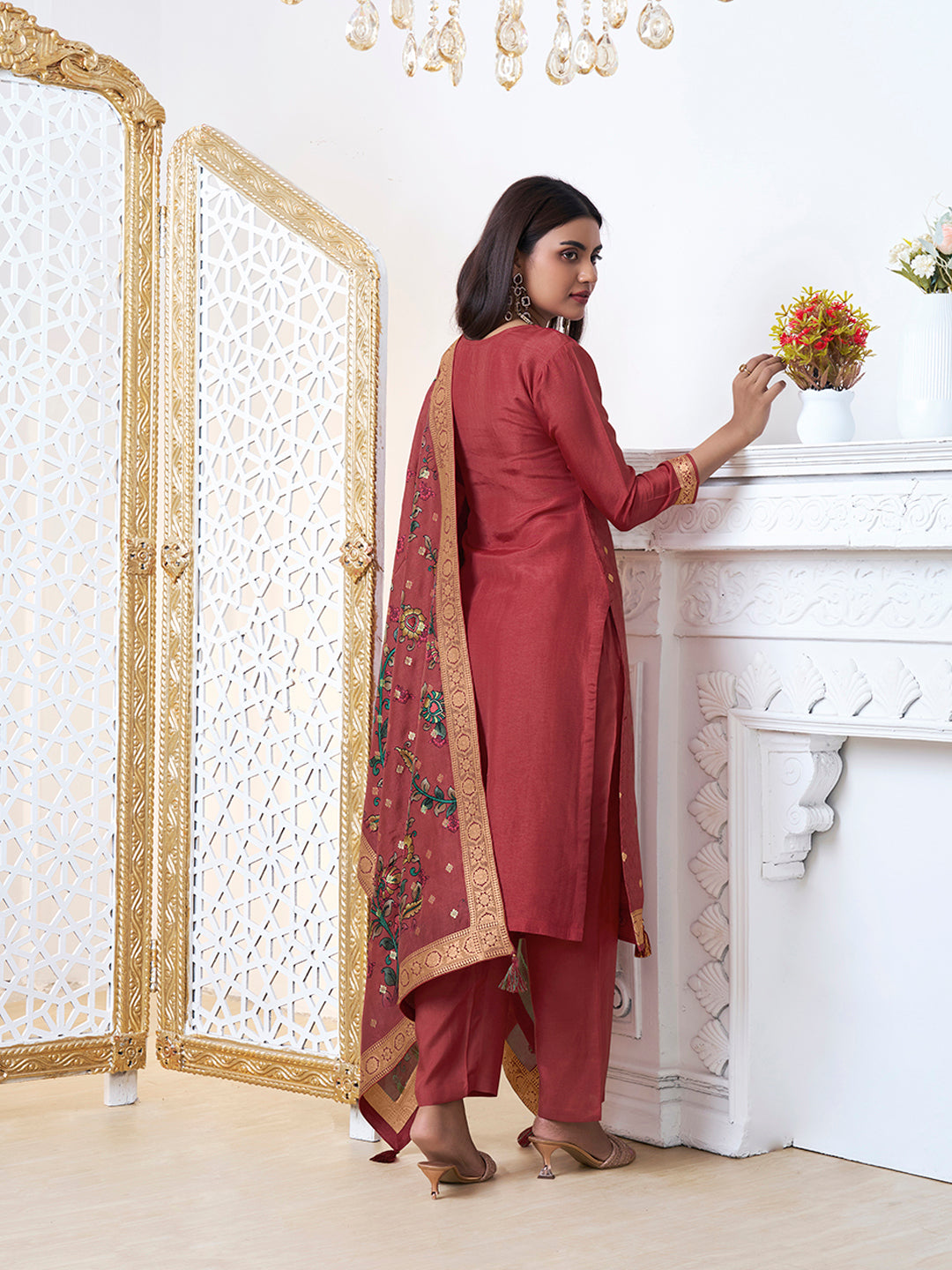 Red Dola Silk with Jacquard Weave Kurta Suit Set