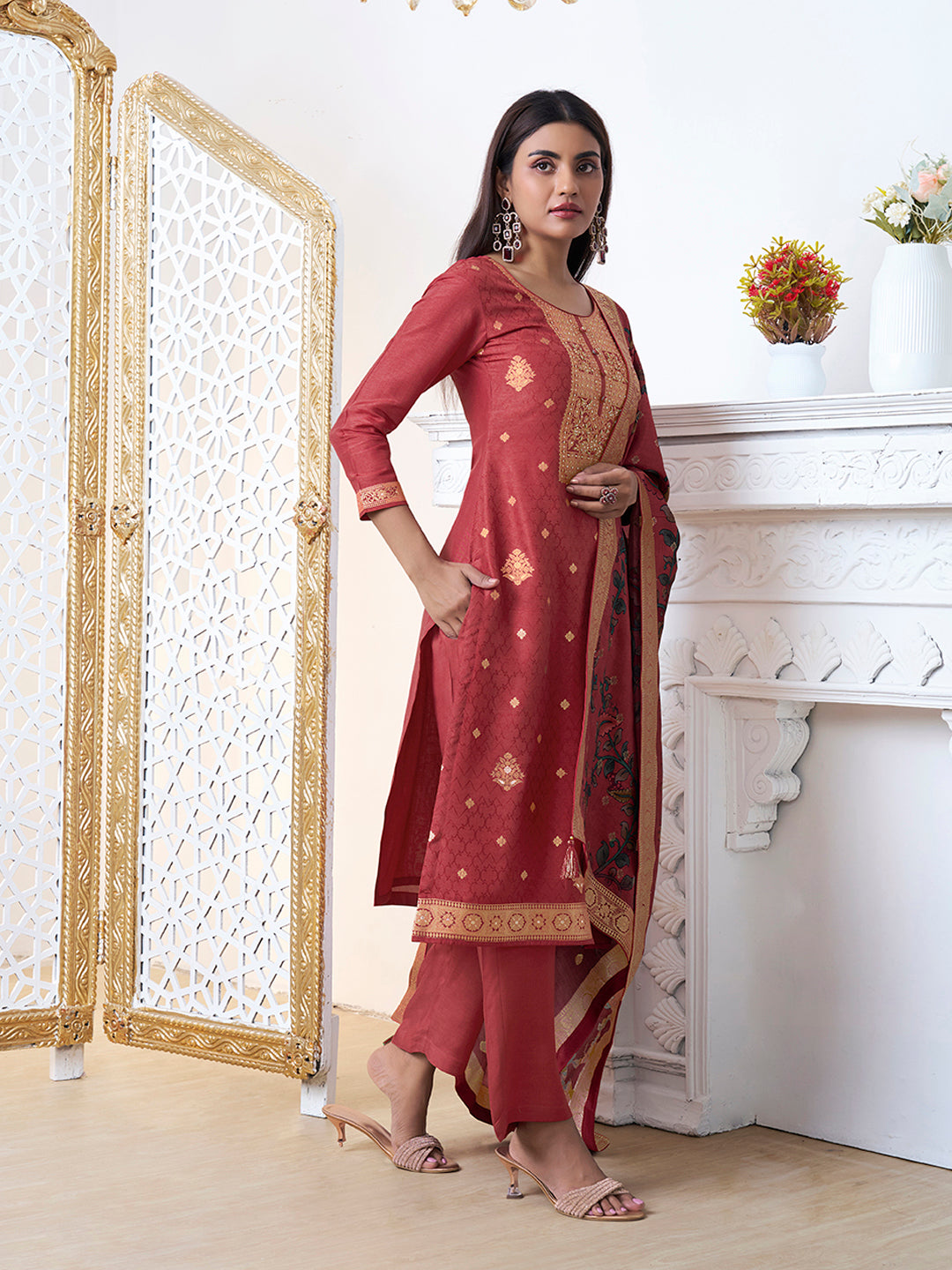 Red Dola Silk with Jacquard Weave Kurta Suit Set