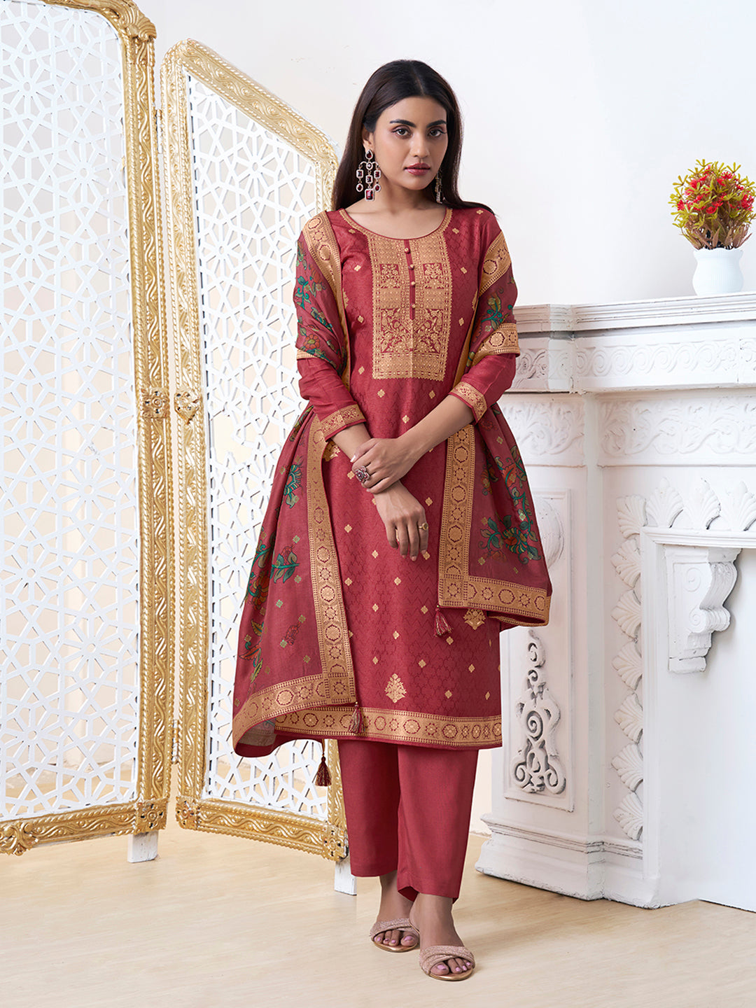 Red Dola Silk with Jacquard Weave Kurta Suit Set