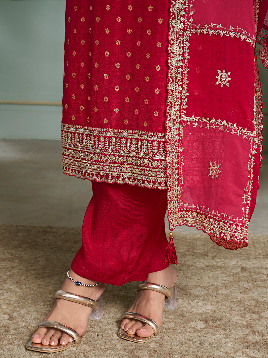 Red Dola Jacquard with Heavy Sequins Embroidery Kurta Suit set