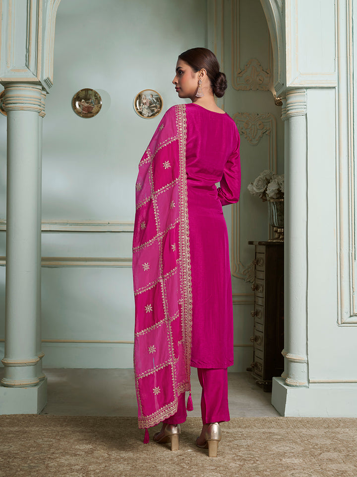 Hot Pink Dola Jacquard with Heavy Sequins Embroidery Kurta Suit set