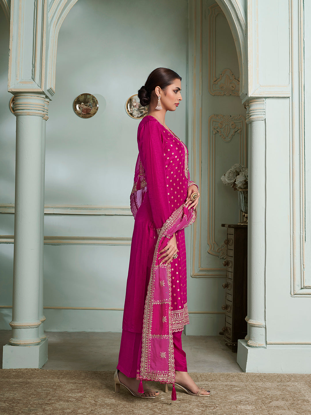 Hot Pink Dola Jacquard with Heavy Sequins Embroidery Kurta Suit set