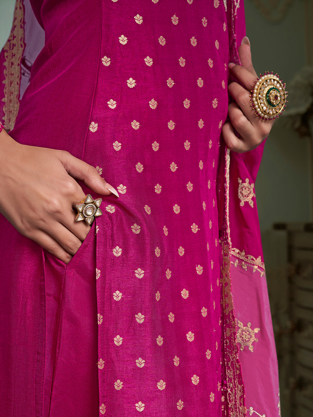 Hot Pink Dola Jacquard with Heavy Sequins Embroidery Kurta Suit set