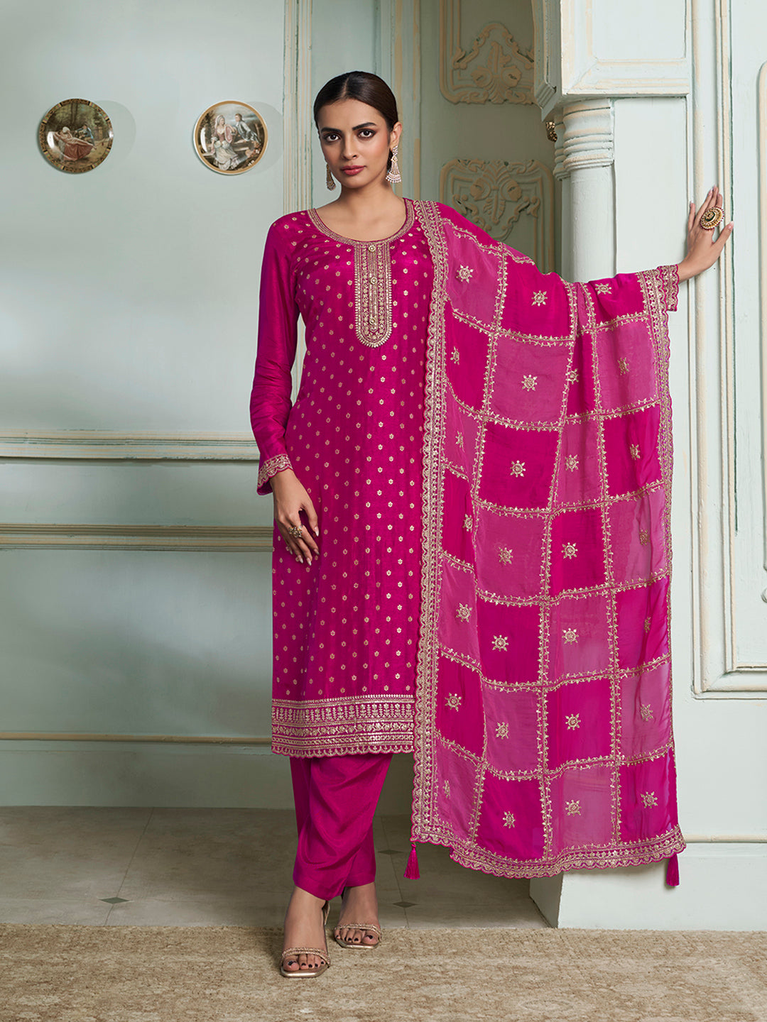 Hot Pink Dola Jacquard with Heavy Sequins Embroidery Kurta Suit set