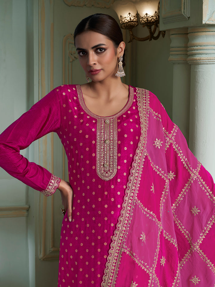 Hot Pink Dola Jacquard with Heavy Sequins Embroidery Kurta Suit set