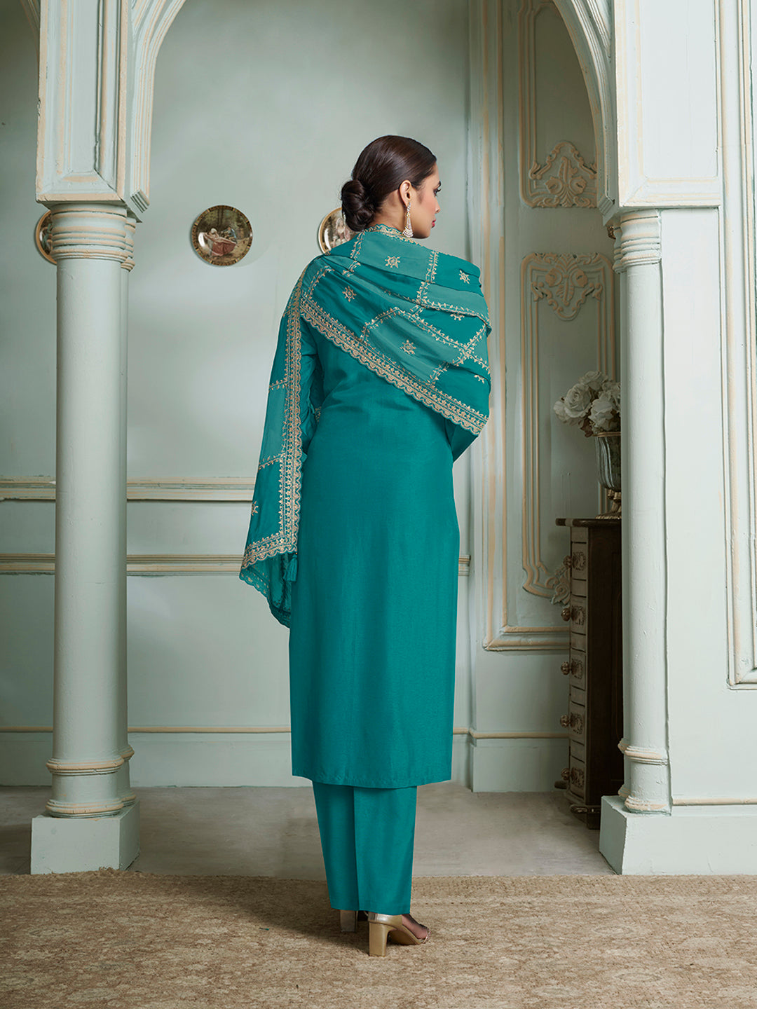 Turquoise Dola Jacquard with Heavy Sequins Embroidery Kurta Suit set