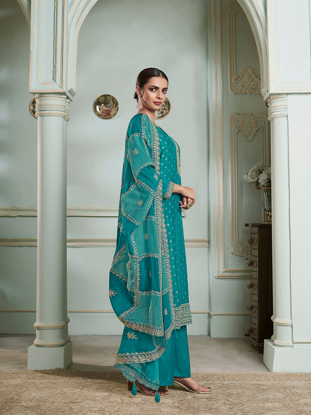 Turquoise Dola Jacquard with Heavy Sequins Embroidery Kurta Suit set