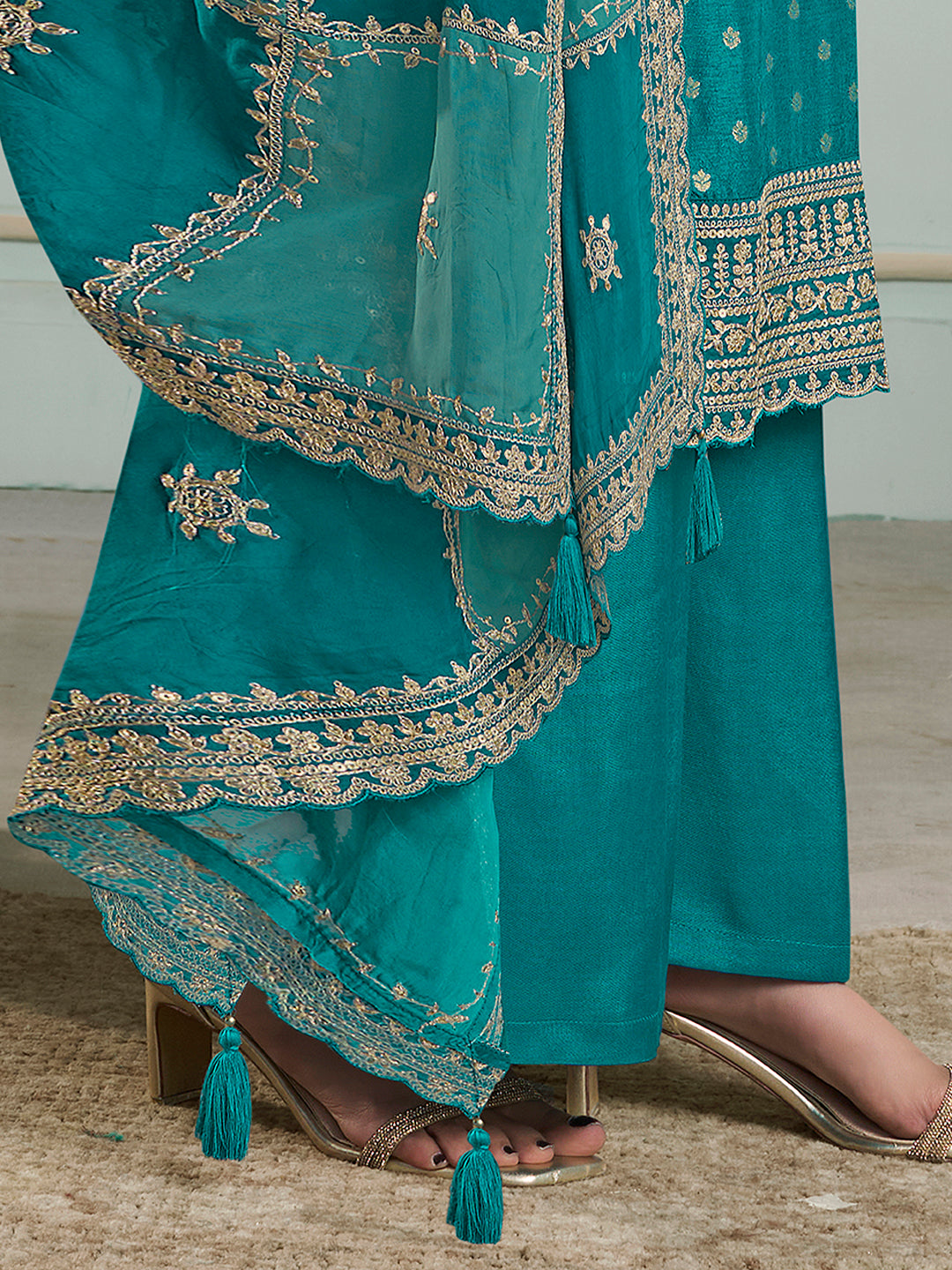 Turquoise Dola Jacquard with Heavy Sequins Embroidery Kurta Suit set