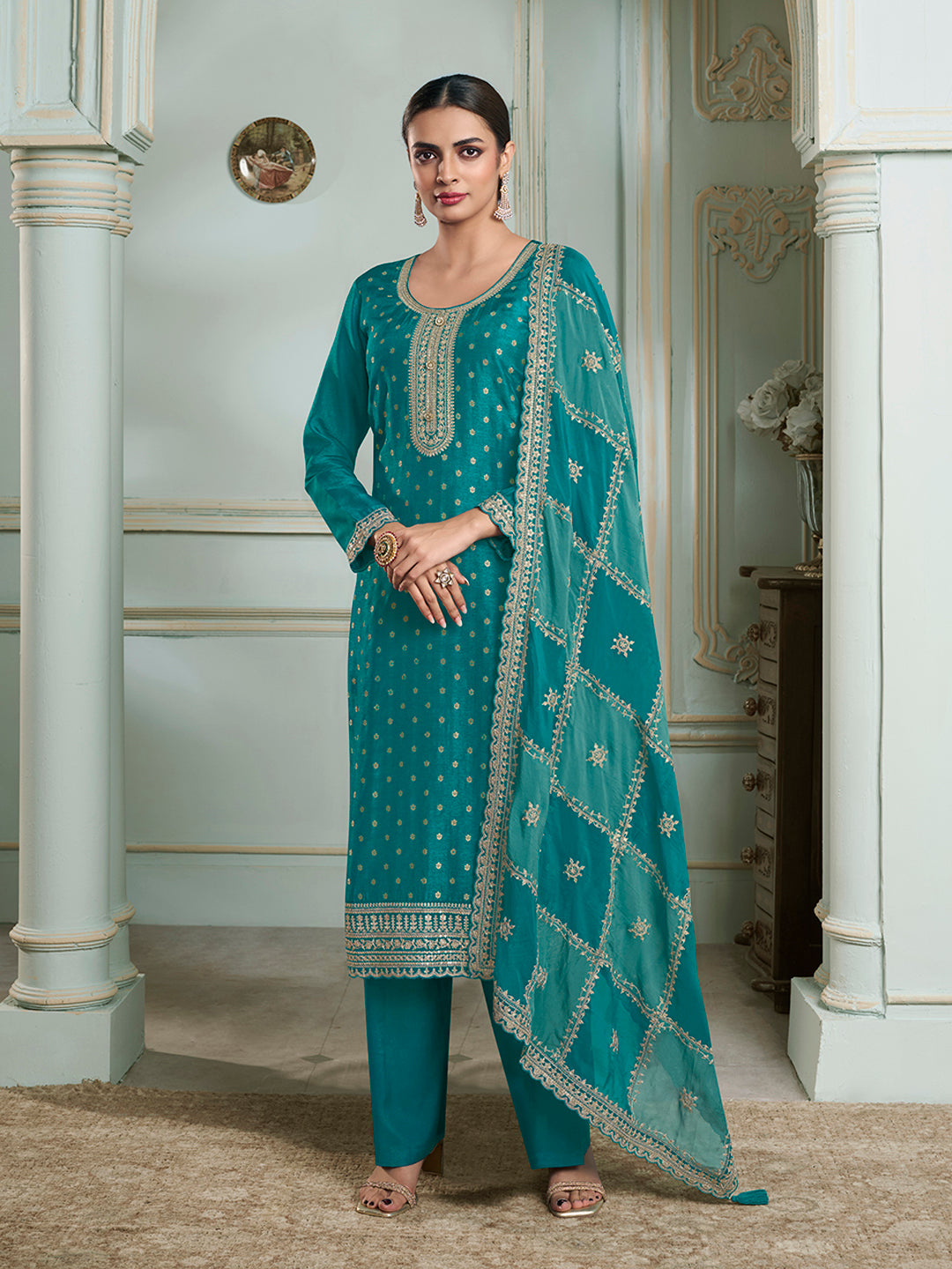 Turquoise Dola Jacquard with Heavy Sequins Embroidery Kurta Suit set